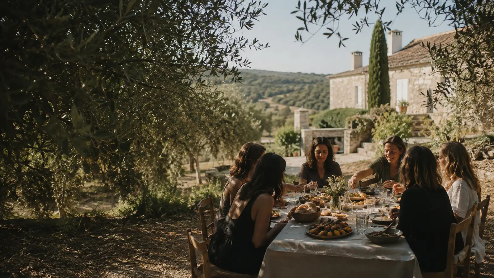 Women sharing a meal in an olive grove, an illustration of our culinary escapes